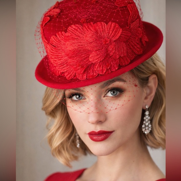Only Accessories - Elegant Red Floral Hat vintage brand August made in the USA wool Kentucky, Derby